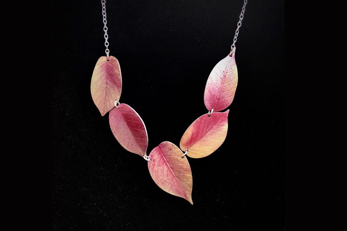 Asymmetric Pink Cherry leaf necklace by Photofinish Jewellery